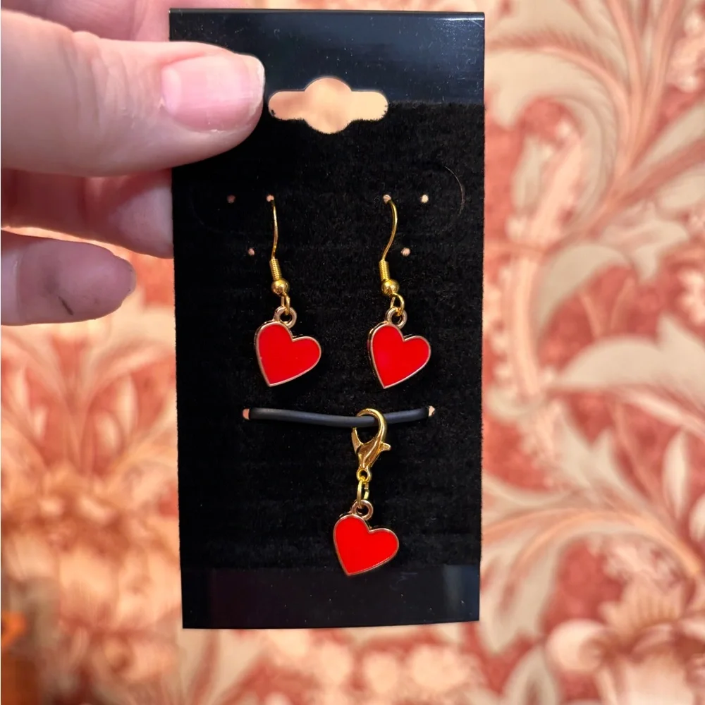 Nrw 3pc Charming Red Heart Earrings with Gold Accents & matching charm